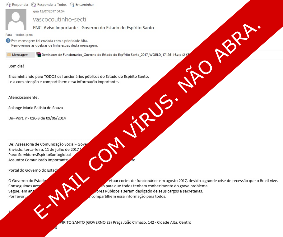 PRODEST - Seger alerta sobre e-mail falso com vírus